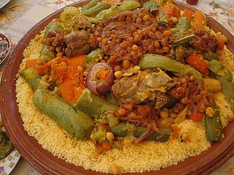 Couscous, here served with vegetables and meat, is one of the most characteristic dishes of the Maghreb.