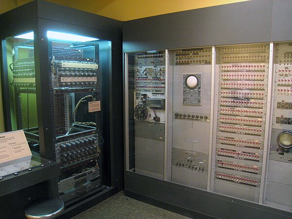 Whirlwind computer elements: core memory (left) and operator console