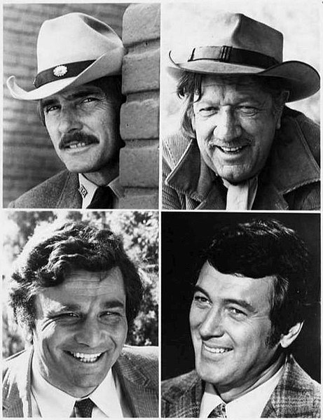 The NBC Sunday Mystery Movie program worked on a rotating basis – one per month from each of its shows. Top left: Dennis Weaver in McCloud. Top right: