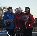 Blomsterseremoni siste distanse (heat start - 13 runder) damer Allround-NM på skøyter 2012 i Tønsberg, Norge. Fra venstre: Hege Bøkko (Hol IL), Mari Hemmer (Aktiv SK), Sofie Karoline Haugen (Sandefjord SK)