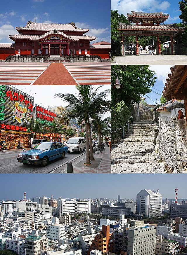 Do topo, à esquerda: Castelo de Shuri, Shureimon, Kokusai dōri, Kinjocho Ishidatami-michi, Área central de Naha