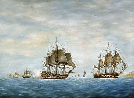Portuguese warship Rainha de Portugal saluting the squadron of Admiral Ball at Malta in 1798. In the 18th century the Portuguese Navy was among the most powerful in the world.