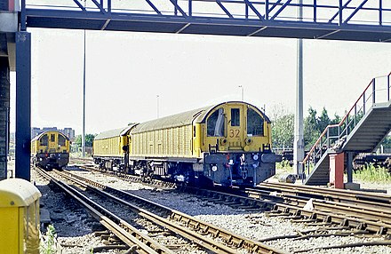 Battery electric works locomotives 20, 27, and 32 in sidings at Neasden Depot in 1988.