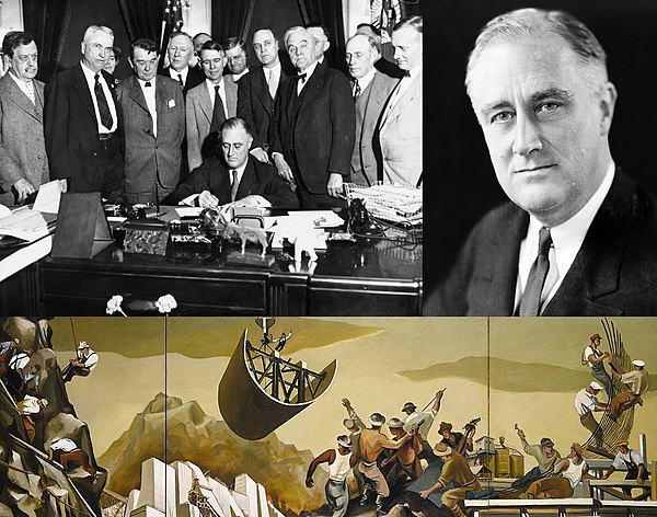 Top left: The TVA Act signed into law in 1933 Top right: President Franklin D. Roosevelt led the New Dealers; Bottom: A public mural from the arts pro