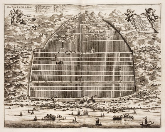 Nieuhof's imaginative 1665 map of "Kanton",[121] made from secondhand accounts when Europeans were still forbidden from entering the walled city