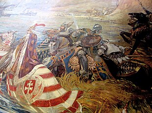 Titus Fay saves King Sigismund of Hungary in the Battle of Nicopolis. Painting in the Castle of Vaja, creation of Ferenc Lohr, 1896. Nikapolyi csata.JPG