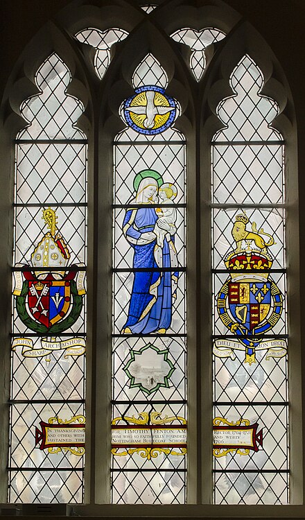 1964 stained glass in St Peter's Church, Nottingham, showing the arms of Bishop John Sharp (See of York impaling Sharp)