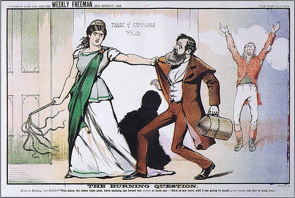 1887 cartoon of Hicks Beach ("Mickey the Botch") being dragged to the House of Commons by Erin.