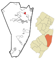 Map of Leisure Village East CDP in Ocean County. Inset: Location of Ocean County in New Jersey.
