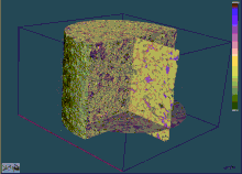 Micro CT of porous medium: Pores of the porous medium shown as purple color and impermeable porous matrix shown as green-yellow color. Open 4D micro CT.gif