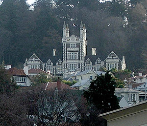 The school's buildings can be seen from much of central Dunedin. Otago Boys High School, New Zealand, Main Tower Block skyline.jpg
