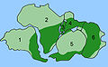 Estensione della paleoprovincia floristica a Glossopteris, nella parte meridionale della Pangea (Gondwana): 1-Sud America 2-Africa 3-Madagascar 4-India 5-Antartide 6-Australia.