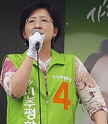 Park Joo-hyun is making a support campaign at the intersection of North Market of Iksan City in Jeonbuk (2, cropped).jpg