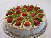 A Pavlova garnished with fruit and cream Pavlova dessert.JPG