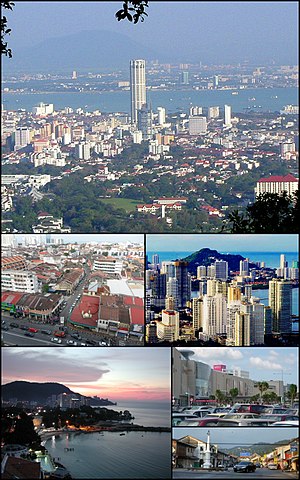 Clockwise from top: Skyline of George Town, skyscrapers at Gurney Drive, Balik Pulau, Queensbay Mall in Bayan Lepas, Tanjung Bungah suburb and George Town's UNESCO World Heritage Site.