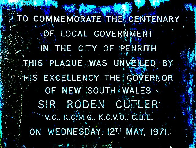 Plaque commemorating the Penrith municipal centenary unveiled on the Penrith Council Chambers by Governor Sir Roden Cutler.