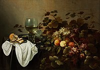 Still Life with Fruit and Roemer label QS:Len,"Still Life with Fruit and Roemer" label QS:Lpl,"Martwa natura z owocem i szklanicą" label QS:Lnl,"Stilleven met fruit en roemer" 1644. oil on canvas medium QS:P186,Q296955;P186,Q12321255,P518,Q861259 . 104.5 × 146 cm (41.1 × 57.4 in). Budapest, Museum of Fine Arts.