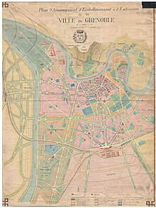 Carte de Grenoble incluant les améliorations du plan Jaussely, y compris la grande gare et la zone industrielle de la Bajatière.