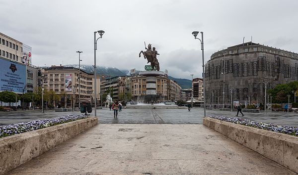 View toward Macedonia Square from the Stone Bridge in July 2011. Visible are the statues of Dame Gruev, Goce Delčev, Tsar Samuil, and the under constr