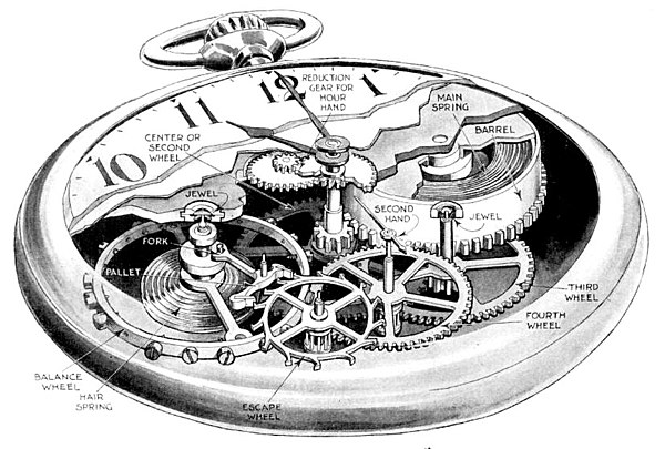 Cutaway drawing of pocketwatch, with parts labeled