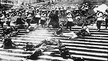 A wide shot of the massacre on the "Potemkin Stairs" from the 1925 silent film Battleship Potemkin Potemkinmarch.jpg