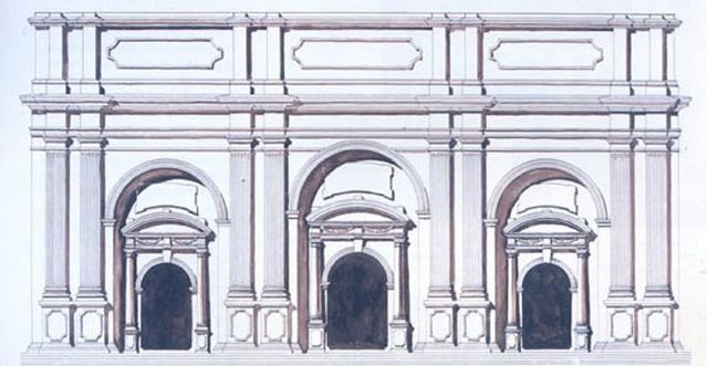 Project by Joaquín Toesca for the facade of the cathedral. Colored plate, litography of 1780.