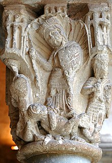 Psychomachia, as the "battle between good and evil", on a Romanesque capital, Monastery of Sant Cugat, Catalonia, Spain Psicomaquia o triomf de les virtuds sobre els vicis.JPG