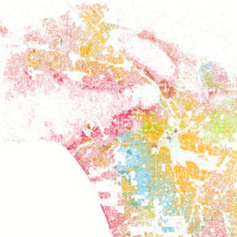 Darstellung der ethnischen Bevölkerungsverteilung in Los Angeles im Jahr 2000. Weiß, Schwarz, Asiatisch, Latino.