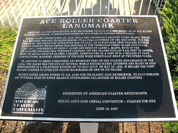 The ACE Roller Coaster Landmark Award awarded to The Racer at Kings Island