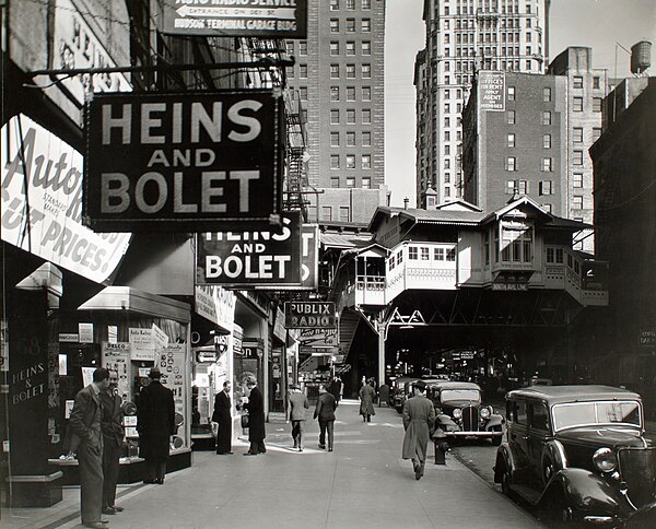 New York City's Radio Row with the Cortlandt Street station in the background, in a 1936 photograph by Berenice Abbott