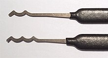 Two types of rake pick, the double and triple peak, sometimes known as Bogota rakes Rake Lock Picks.jpg