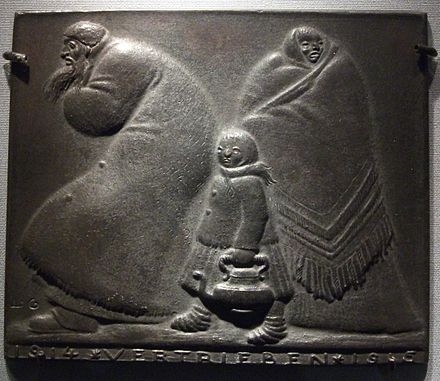 Ludwig Gies, cast iron plaquette, 8 x 9.8 cm, Refugees, 1915