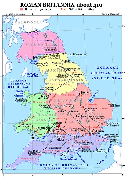 The traditional arrangement of the late Roman provinces after Camden,[2] placing Secunda in Wales. On the basis of modern archaeology, Prima at least reached as far north as Corinium.