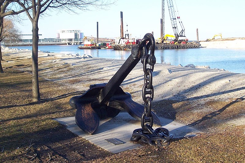 The anchor from the railroad car ferry S.S. Milwaukee. It was recovered by Roger Chapman in 1973 and donated to the City of Milwaukee.
