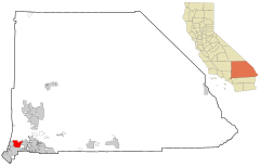 Location of Rancho Cucamonga in San Bernardino County (left) and in California (right)