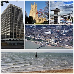 Clockwise from top left: Southend Civic Centre, St Marys Church Parish Church, Southend Pier, Southend-on-Sea City aerial view, and the Crowstone