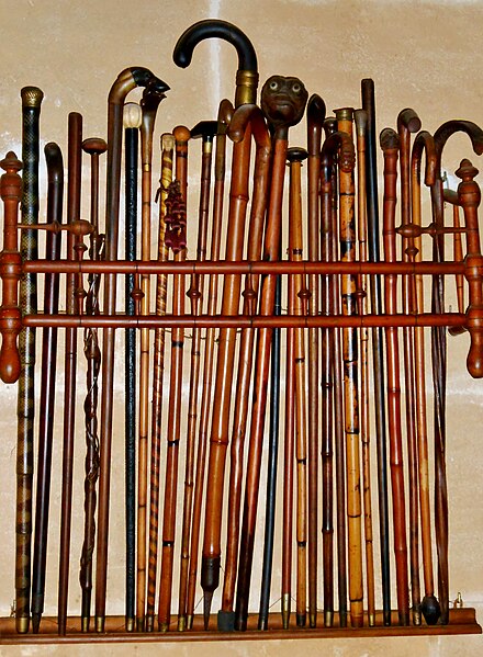 A collection of various styles of walking sticks on display at the ethnology museum Els Calderers rural manor, Sant Joan, Mallorca