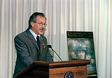 Spielberg speaking at the Pentagon on August 11, 1999, after receiving the Department of Defense Medal for Distinguished Public Service