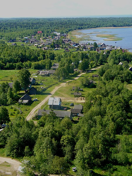 Panorama of the village of Storozhno on the shore of Lake Ladoga
