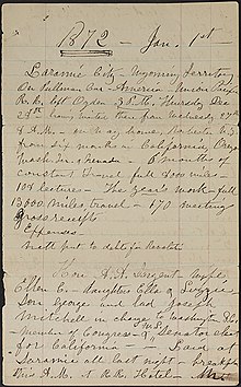 Anthony's diary for January 1, 1872, noting her arduous traveling and speaking schedule during the previous year and her new friendship with Senator-elect Aaron A. Sargent, who later introduced what would become the Nineteenth Amendment to the U.S. Constitution, and his wife Ellen Clark Sargent, who became treasurer of the NWSA. Susan B Anthony diary for Jan 1 1872.jpg