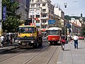 Čeština: Kropicí vůz, tramvajová trať Anděl – Hlubočepy u zastávky Andě, Na Knížecí, Smíchov, Praha English: Anděl, tram track Anděl - Hlubočepy, Smíchov, Prague