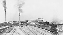 A sugarcane mill and its railways in Tainan in the 1930s Taiwan Seito Wanli Factory 1930s.jpg