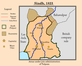 Talpur dynasty, circa. 1823 before annexation by British. Talpur Map 1823.png