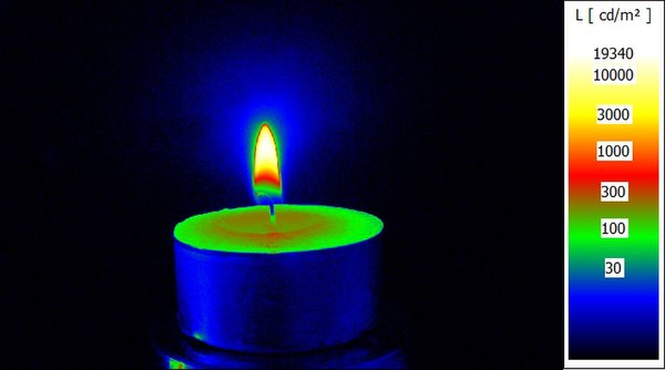 A tea light-type candle, imaged with a luminance camera; false colors indicate luminance levels per the bar on the right (cd/m2)