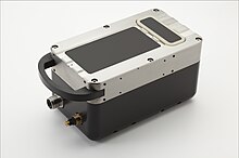 A multibeam echosounder showing the transmit array (larger black rectangle) and receive array (narrower rectangle) - Odom MB1 Teledyne Odom MB1 multibeam echosounder.jpg