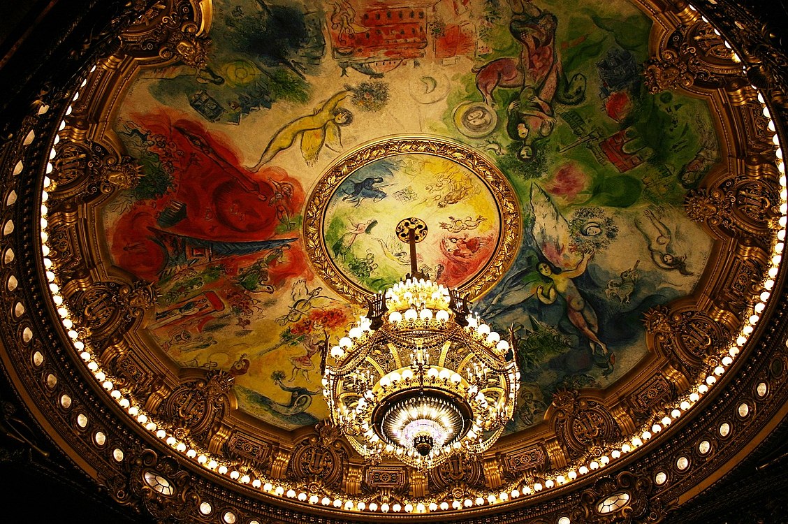 Lighted chandelier under the ceiling by Marc Chagall