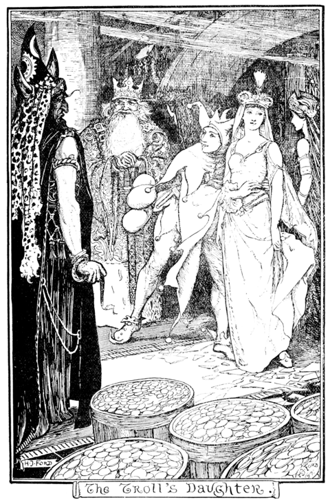 black and white full page illustration of a man dressed as a jester clasping a woman about the waist while a king and an an angry man in a pinged hat and leopard skin look on. In the foreground are several barrels filled with coins.