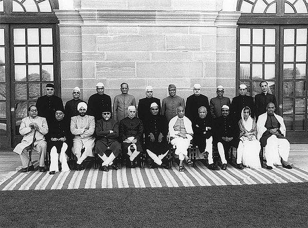 (L to R sitting) B. R. Ambedkar, Rafi Ahmed Kidwai, Sardar Baldev Singh, Maulana Abul Kalam Azad, Jawaharlal Nehru, Rajendra Prasad, Sardar Patel, Joh