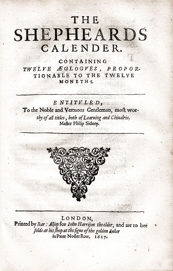 Title Page of a 1617 Edition of The Shepheardes Calender printed by Matthew Lownes, often bound with the complete works printed in 1611 or 1617.