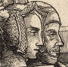 Fekete-fehér metszet. Fiatal nő és középkorú férfi arca profilból, a hölgy reneszánsz stílusú fejdíszben, a férfi sisakban. Arckifejezésük komor, hajuk nem látszik.